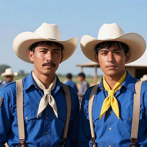 Two Men in Cowboy Hats Under Blue Sky