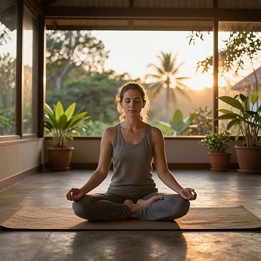 Photograph of a fit woman with light brown hair in a bun, wearing a gray tank top and pants, meditating in lotus position on a