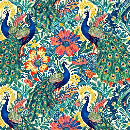 Vibrant digital illustration of peacocks with colorful tails and green eyes, surrounded by red, yellow, and orange flowers, creating an intricate,