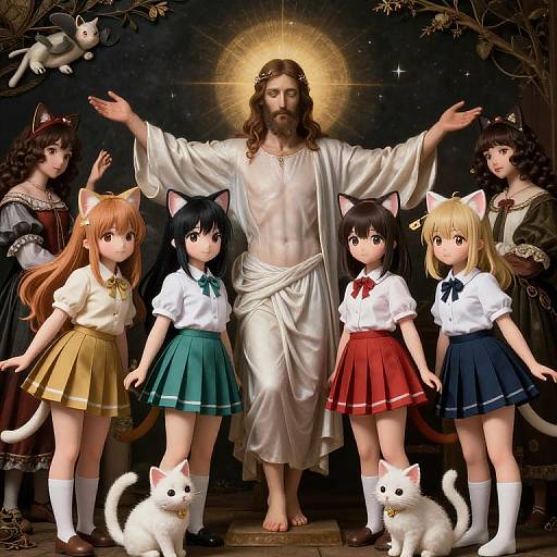 Anime-style painting of Jesus with cat-eared schoolgirls in colorful skirts, white shirts, and cat tails, surrounded by white cats, with a halo