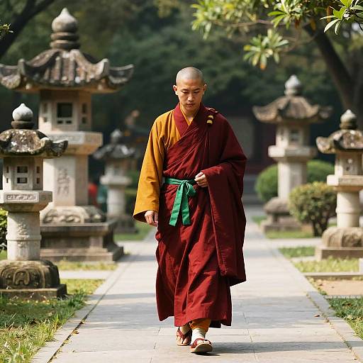 Photograph of a bald Buddhist monk in maroon and yellow robe with green sash, walking on a stone path lined with stone lanterns in a