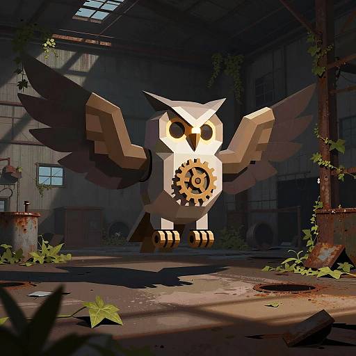 Pixel art of a glowing, winged owl with gears on its body, standing in a dark, abandoned industrial warehouse with vines.