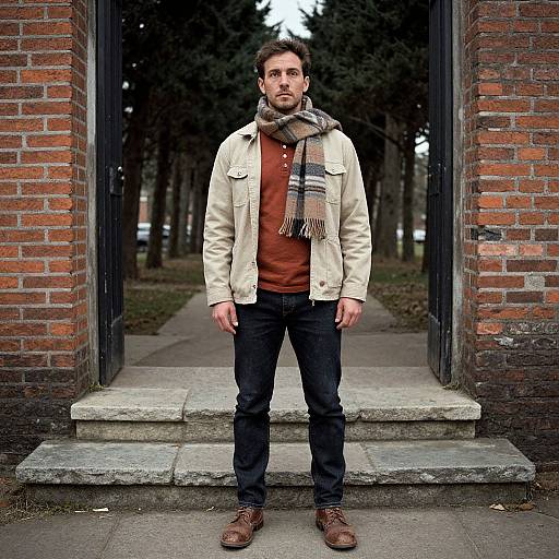 Photograph of a bearded man with brown hair, wearing a beige jacket, red shirt, black pants, brown shoes, and a gray scarf,