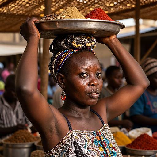 Photograph of a dark-skinned African woman wearing beaded headwrap, colorful patterned dress, holding a tray with spices above her head, in