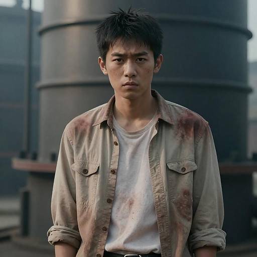 Young Asian Man in Dirty Shirt in Industrial Setting