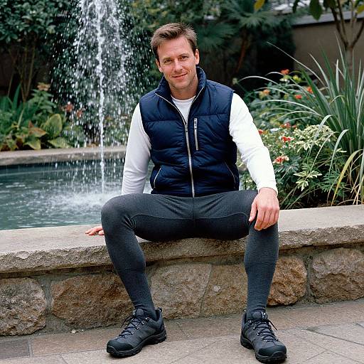 Photograph of a smiling Caucasian man with short brown hair, wearing a black puffer vest, white shirt, black pants, and black shoes, sitting