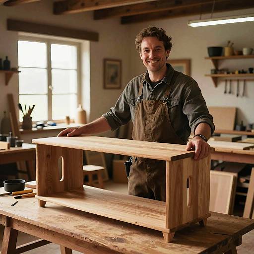 Craftsman Showcasing Handmade Wooden Furniture