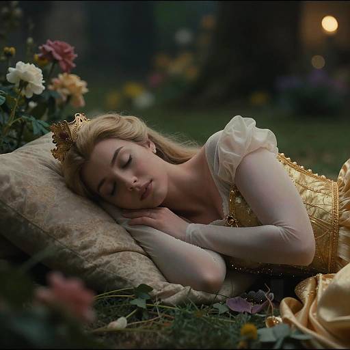 Cinematic Princess Aurora Sleeping in Garden
