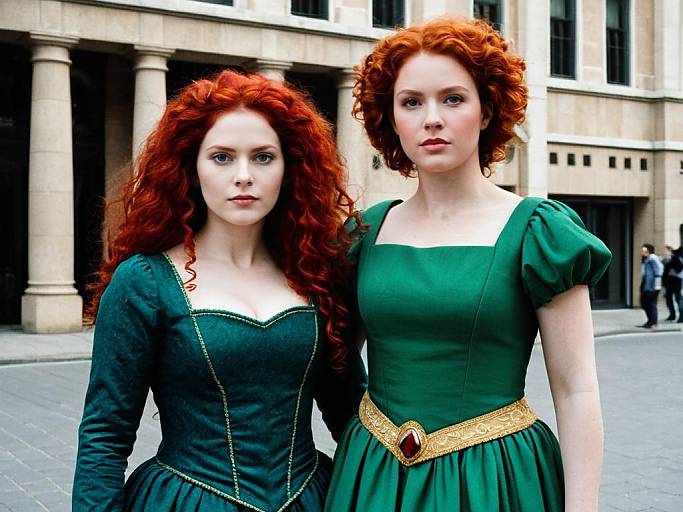 Photograph of two fair-skinned, red-haired women in green, historical-style dresses with gold belts, standing in a stone courtyard. One has long