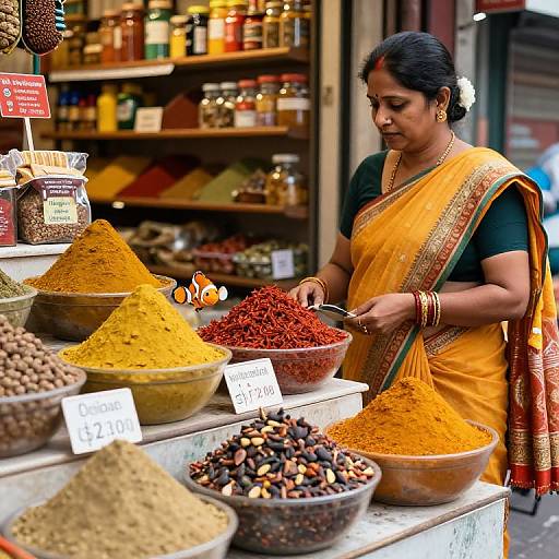 Indian Spice Market Scene with Sari Lady
