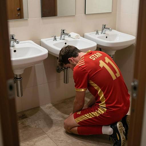 Man Kneeling in Dimly Lit Bathroom
