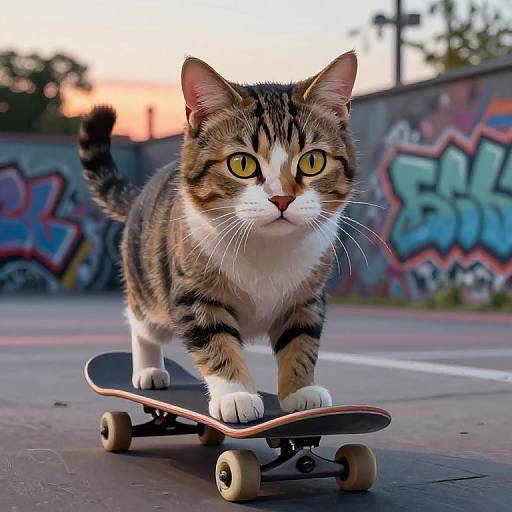 Photograph of a tabby cat with green eyes riding a skateboard on a graffiti-covered street at sunset, looking forward.