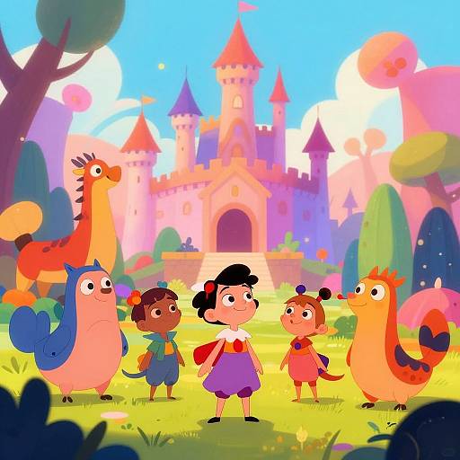 Colorful cartoon image of four children and two dinosaurs standing in front of a vibrant, pink and purple castle with tall towers. Bright, sunny day with