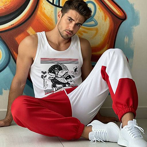 Photograph of a muscular, dark-haired man with light skin, wearing a white tank top with a graphic, red and white track pants, and white