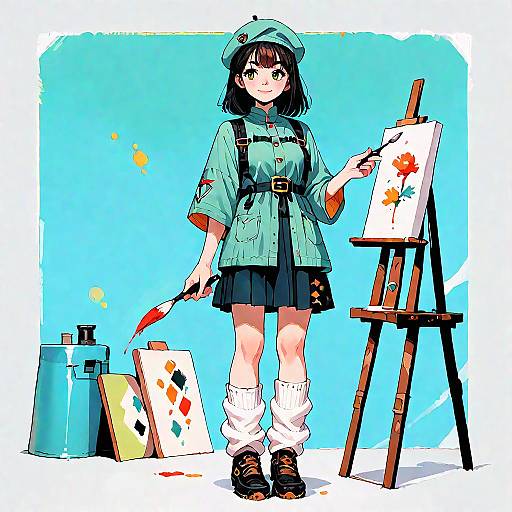 Anime Girl Painter with Beret