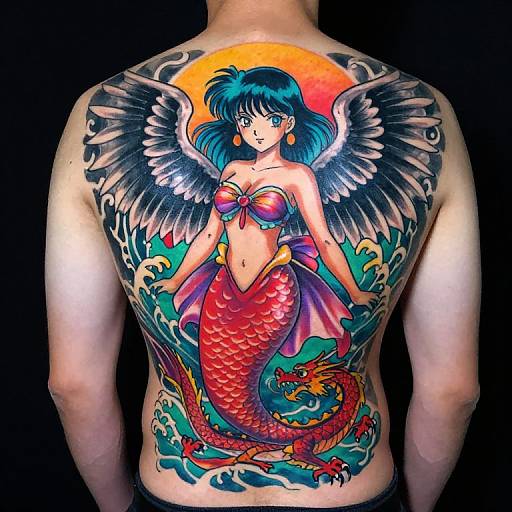 Vibrant Anime Mermaid Back Tattoo