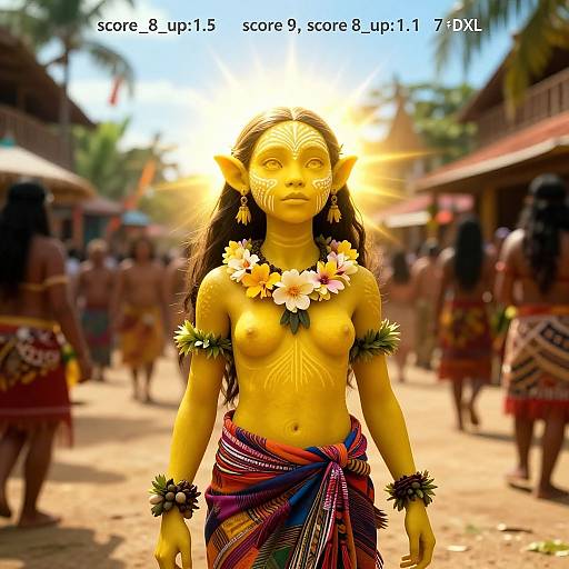 Photograph of a topless, yellow-painted, elf-like woman with long black hair, flower necklace, and colorful sarong, standing in a