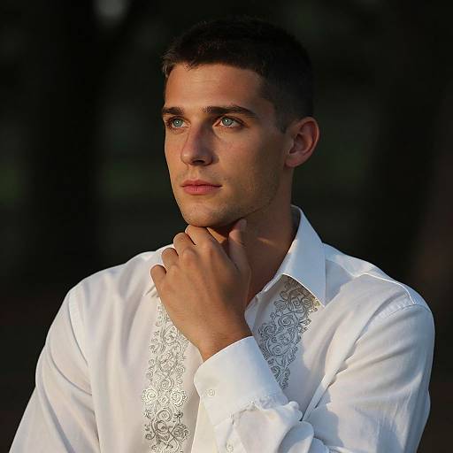 Photograph of a handsome young man with short dark hair, blue eyes, and fair skin, wearing a white lace-trimmed shirt, gently touching
