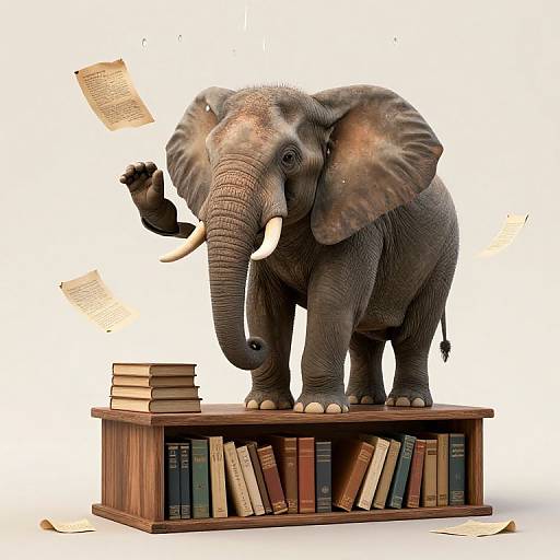 CGI image of a gray elephant with white tusks, standing on a wooden bookshelf, holding papers while books and papers fly around.