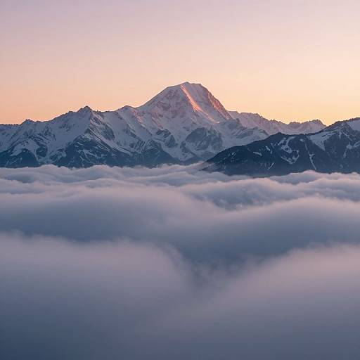 Photograph of a majestic snow-capped mountain peak bathed in pink sunlight, surrounded by dense, fluffy clouds at sunrise.