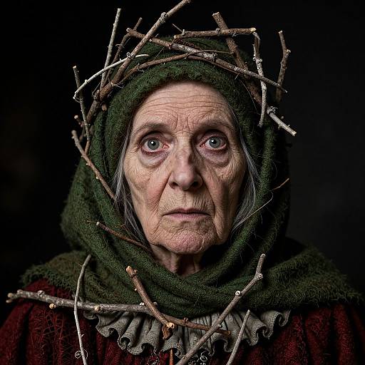 Photograph of an elderly woman with pale skin, blue eyes, and wrinkled face, wearing a dark green hood with a twig crown, against a
