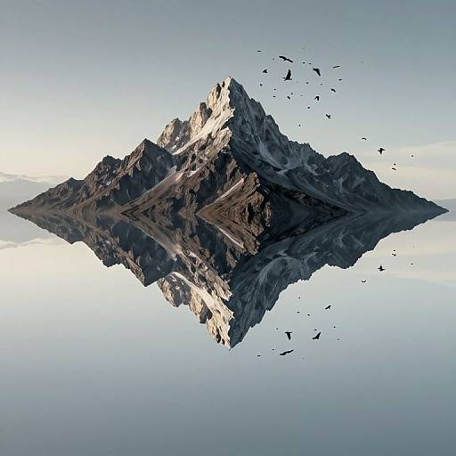 Photographic-like CGI of a jagged mountain peak floating in a serene, reflective water body, with scattered rocks around it.
