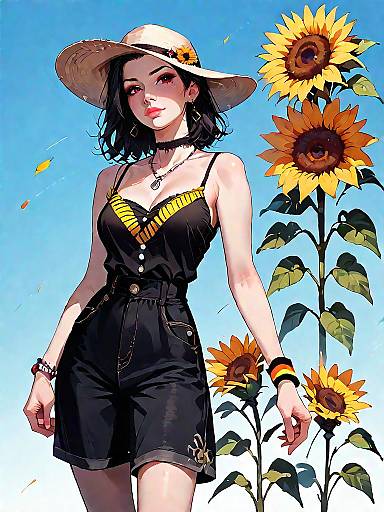Young Woman in Black Romper with Sunflowers