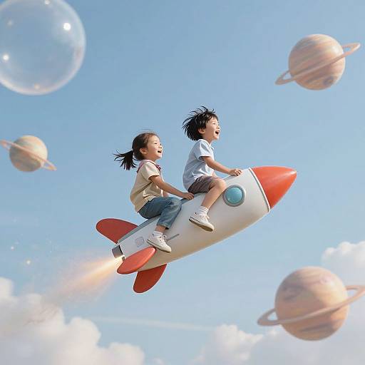 Photograph of two Asian children, a girl and a boy, joyfully riding a white and red rocket ship through a bright blue sky with floating planets