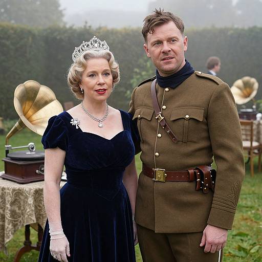 Photograph of a 1940s-style couple; woman in black dress and silver tiara, man in brown military uniform, standing outdoors with vintage