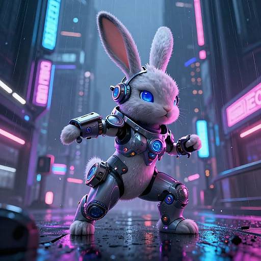 Digital CGI of a cybernetic white rabbit with glowing blue eyes, standing in a neon-lit, rainy futuristic city street.