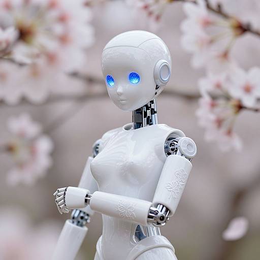 Photograph of a white, humanoid robot with blue glowing eyes, standing among blurred cherry blossoms. Robot features intricate floral patterns on its arms.