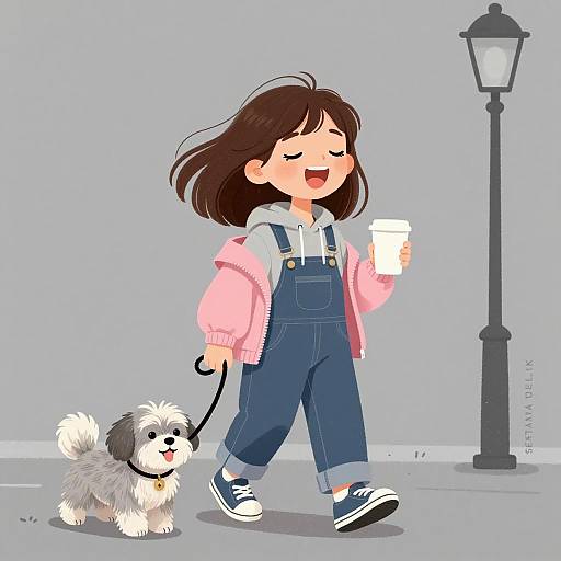 Girl Walking Dog with Coffee on Foggy Street
