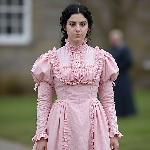 Photograph of a young woman with pale skin and dark hair in a pink, Victorian-style dress with ruffled sleeves and collar, standing outdoors with a