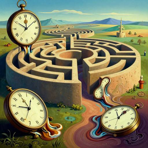 Digital surreal art: Large, winding maze with three floating, glowing clocks, winding path, lush green landscape, distant mountains, and a small church.