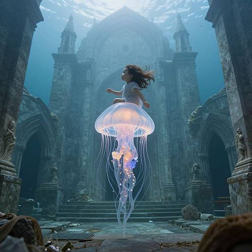 Photorealistic CGI: A young girl with flowing brown hair floats underwater, surrounded by a glowing jellyfish in an ancient, ruined cathedral with stone arch