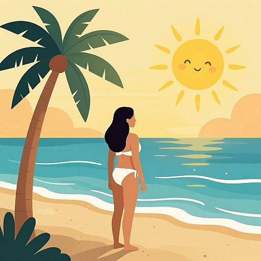 Illustration of a woman in a white bikini standing on a sandy beach, facing the ocean, with a smiling sun and palm tree.