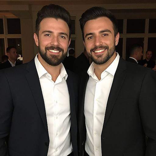 Photograph of two smiling, bearded men with dark hair, wearing black suits and white shirts, standing close together indoors at a social event.