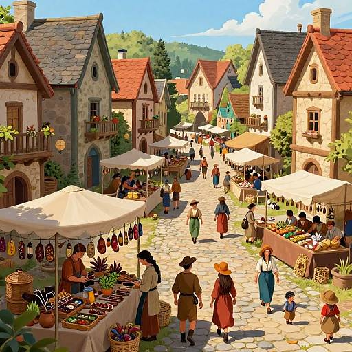 Colorful digital illustration of a bustling medieval village market with stone buildings, white canopies, vendors, customers, and vibrant produce displays.
