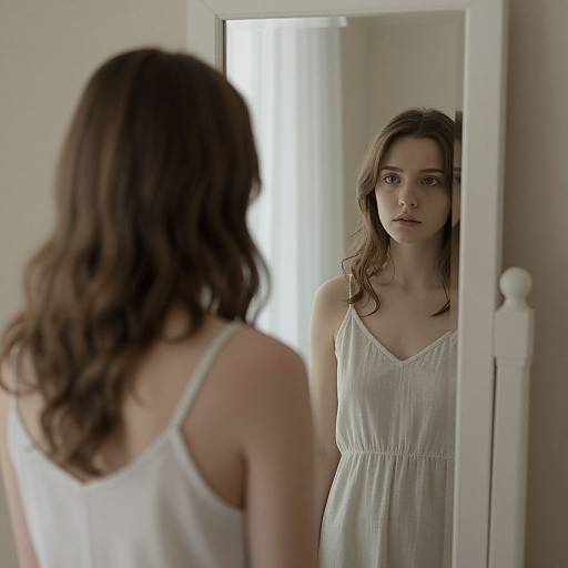Photograph of a young woman with wavy brown hair, wearing a white, sleeveless dress, standing in front of a mirror, reflecting her serious