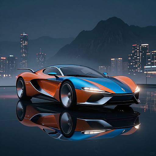 Digital CGI of a sleek, neon-orange and blue sports car with glowing headlights, reflecting on a glossy surface, against a nighttime cityscape with silhou
