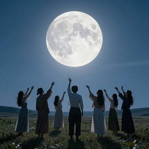 Silhouetted group of six people with raised hands, gazing at a bright, full moon in a clear night sky over a grassy field