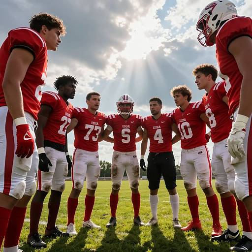 Photograph of seven male American football players in red jerseys and white pants, standing in a circle on a sunlit grass field, under a partly cloudy
