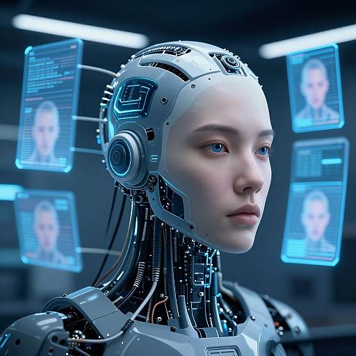CGI image of a human-faced robotic woman with glowing blue holographic screens displaying faces in the background. Cyberpunk aesthetic.