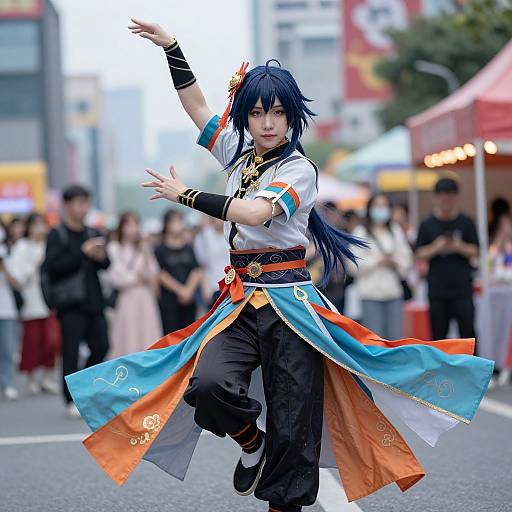 Photograph of a blue-haired anime cosplayer in a dynamic martial arts pose, wearing a colorful, traditional Chinese-inspired outfit, performing in an urban street