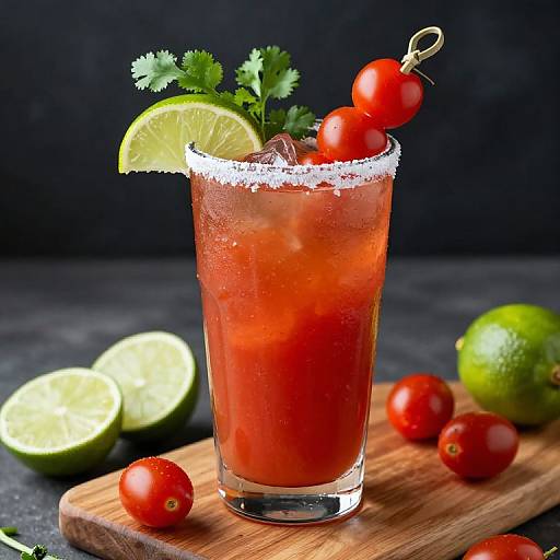 Photograph of a red cocktail with salt rim, garnished with lime, parsley, and cherry skewer, on a wooden board with limes and
