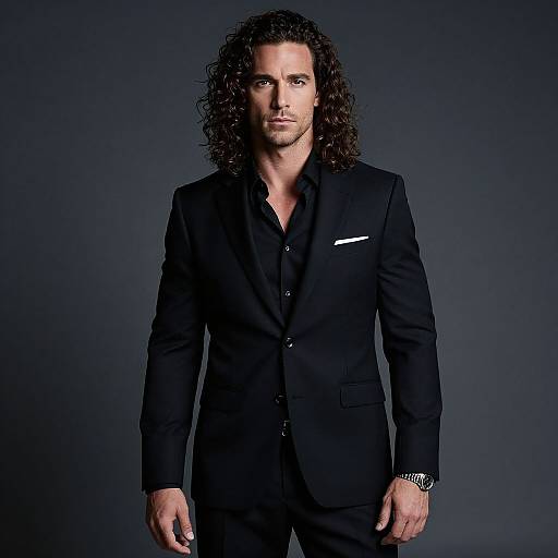 Photograph of a tall, muscular man with long curly dark hair, wearing a black suit, white pocket square, and silver watch, standing against a