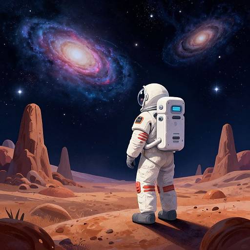 Digital illustration of a lone astronaut in a white spacesuit with red stripes, standing on a red, rocky Mars-like landscape, gazing at two glowing