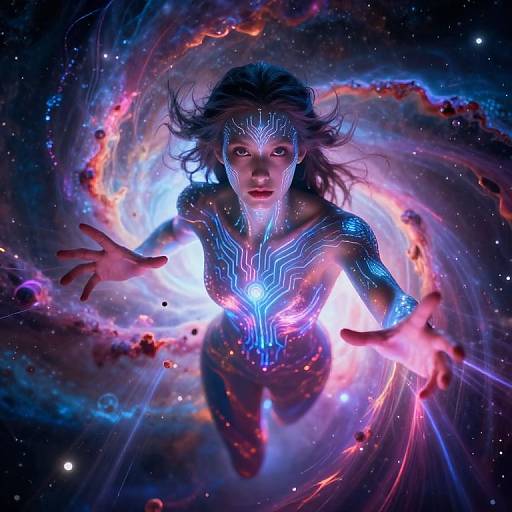 Digital artwork of a glowing, ethereal woman with neon blue patterns, floating in a cosmic swirl of vibrant colors, reaching out with outstretched hands