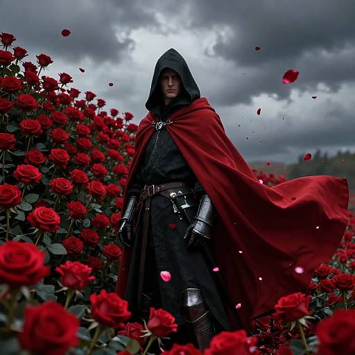 Photorealistic digital artwork of a hooded, armored warrior in a red cloak, standing in a dense field of red roses under a cloudy sky.