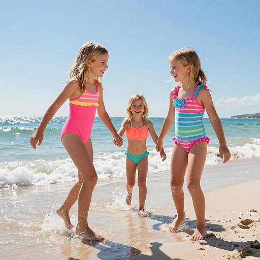 Photograph of three young blonde girls holding hands, laughing, and playing in the shallow ocean waves on a sunny beach.